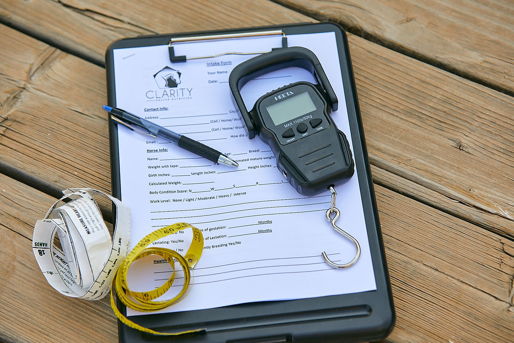 clipboard weight tape and fish scale sitting on a table