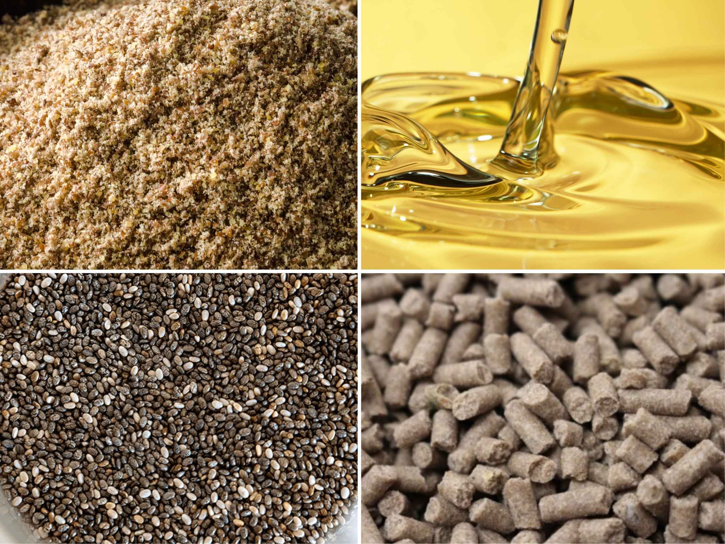 4 pictures ground flax, oil, chia seeds and rice bran pellets
